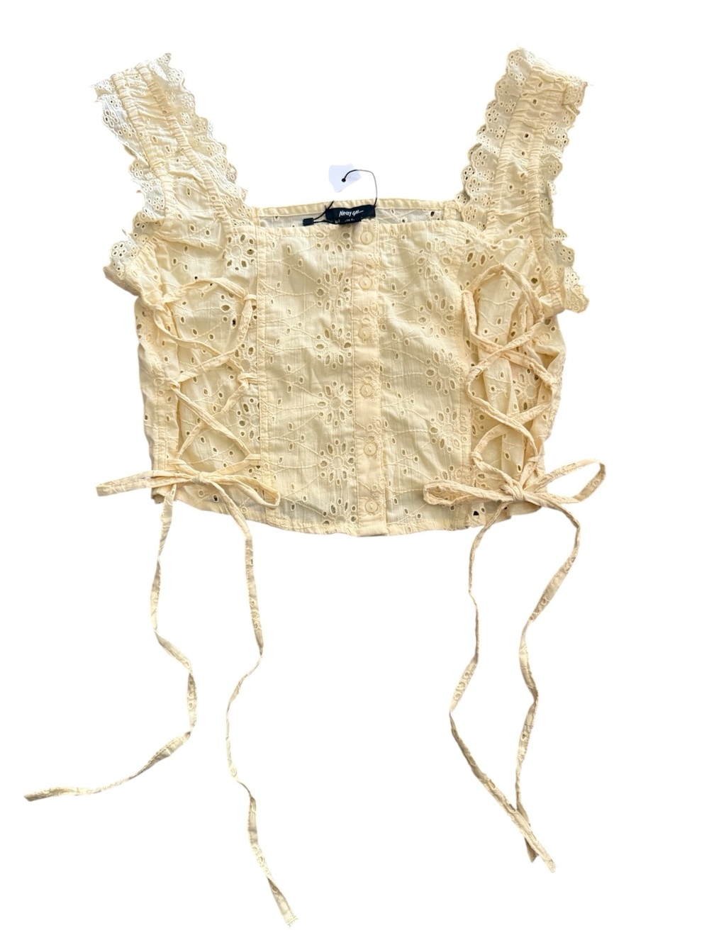 Nasty Gal Butter Yellow Eyelet Lace Up Corset Crop 4 Top Coquette Summer - Picture 2 of 6
